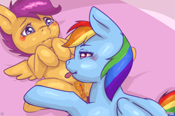 Size: 1800x1200 | Tagged: explicit, artist:maverick, rainbow dash, scootaloo, age difference, anatomically correct, anus, blushing, dubious consent, eyebrows, female, filly, foal, foalcon, g4, genitals, imported from derpibooru, larger female, lesbian, licking, looking at someone, mare, mare on filly, multicolored hair, nudity, older female, pegasus, ponut, pony, pony on pony action, rainbow hair, sequence, ship:scootadash, shipping, size difference, smaller female, tummylingus, vulva, wings, younger female