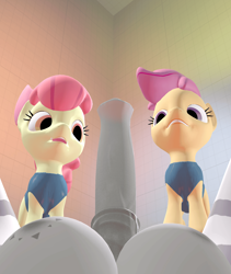 Size: 1620x1920 | Tagged: explicit, apple bloom, scootaloo, 3d, age difference, clothes, crotchboobs, earth pony, female, filly, foal, foalcon, futa, futa on female, futa on filly, futa zecora, g4, genitals, horsecock, imported from derpibooru, intersex, nipples, nudity, offscreen character, penis, pony, pov, source filmmaker, swimsuit, trio, zebra, zecora