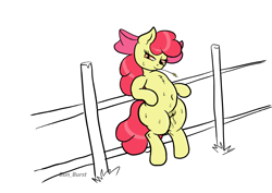 Size: 1754x1240 | Tagged: explicit, artist:bun_burst, apple bloom, belly, earth pony, female, fence, filly, foal, foalcon, g4, genitals, imported from derpibooru, looking at you, nudity, outdoors, pony, semi-anthro, simple background, solo, straw in mouth, sweat, vaginal secretions, vulva, white background