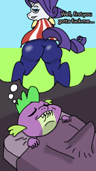 Size: 1080x1920 | Tagged: questionable, artist:grigorywolf, rarity, spike, age difference, butt, crossover, derpibooru exclusive, dream, erection, female, foalcon, g4, homelander, horn, implied tail hole, imported from derpibooru, lip bite, male, mare, plot, pony, rearity, ship:sparity, shipping, sleeping, straight, tail, tenting, the boys, unicorn, vulgar, wet dream, wingless spike
