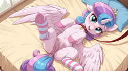Size: 4838x2707 | Tagged: explicit, editor:celuniamoon, princess flurry heart, ai composition, ai content, anatomically correct, anus, bed, belly, belly button, clothes, collar, crotchboobs, cute, female, filly, foal, foalcon, g4, genitals, imported from derpibooru, indoors, leash, missing horn, nipples, nudity, older, older flurry heart, on bed, partially open wings, pet play, ponut, pony, socks, spread legs, spreading, underhoof, vulva, wings