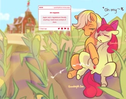 Size: 2144x1677 | Tagged: explicit, artist:goodnightsunnyy, apple bloom, applejack, apple bloom's bow, apple sisters, applecest, assisted peeing, barn, blushing, bow, clitoris, dock, duo, duo female, earth pony, eyes closed, farm, female, fetish, filly, foal, foalcon, g4, genitals, hair bow, imported from derpibooru, incest, lesbian, mare, no anus, nudity, outdoors, pissing, plant, pony, ship:bloomjack, shipping, siblings, signature, sisters, sitting, size difference, spread legs, spread pussy, spreading, sweet apple acres, tail, urine, vulva, watersports