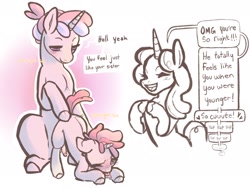 Size: 2160x1620 | Tagged: explicit, artist:goodnightsunnyy, oc, blushing, colt, dialogue, foal, foalcon, genitals, horn, implied incest, imported from derpibooru, male, nudity, oc only, penis, pony, size difference, tongue out, unicorn