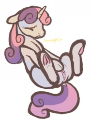 Size: 1152x1534 | Tagged: explicit, artist:goodnightsunnyy, sweetie belle, clitoris, female, filly, foal, foalcon, g4, genitals, horn, imported from derpibooru, lying down, masturbation, nudity, on back, pony, solo, underhoof, unicorn, vaginal secretions, vulva