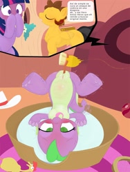 Size: 2250x3000 | Tagged: explicit, artist:sphereray500, spike, twilight sparkle, oc, aftersex, age difference, anal creampie, anal insertion, anal orgasm, anus, barb, blushing, creampie, cum, dragon, female, female focus, foalcon, g4, genitals, golden oaks library, hands free, imported from derpibooru, indoors, insertion, nudity, oc name needed, orgasm, penis, pony, rule 63, sex toy, solo focus, spanish, surprised, translation request, tremble spikes, vaginal secretions, vulva, wingless barb, wingless spike