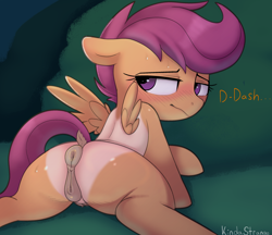 Size: 2649x2290 | Tagged: explicit, artist:kindastrange, scootaloo, anatomically correct, anus, blushing, butt, crotchboobs, dock, ears back, female, filly, foal, foalcon, g4, implied rainbow dash, imported from derpibooru, looking back, nipples, nudity, pegasus, plot, ponut, pony, scootabutt, solo, solo female, spread wings, sweat, sweatdrops, tail, tan lines, teats, vulva, wings