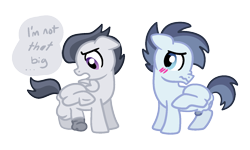 Size: 1500x900 | Tagged: explicit, artist:vodkamewtwoni, balls, big balls, big penis, blatant lies, blush lines, blushing, colt, duo, duo male, earth pony, erection, foal, foalcon, g4, genitals, imported from derpibooru, male, nudity, pegasus, penis, penis size comparison, pony, presenting, presenting penis, raised leg, rumble, shady daze, simple background, small balls, small penis, small penis humiliation, speech, speech bubble, talking, transparent background