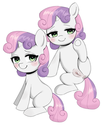 Size: 2337x2796 | Tagged: explicit, artist:sausagezzzz, sweetie belle, anus, blushing, butt, clitoris, female, filly, foal, foalcon, g4, genitals, horn, imported from derpibooru, looking at you, nudity, pony, presenting, presenting pussy, smiling, solo, solo female, spread legs, spreading, unicorn, vulva, vulva blush