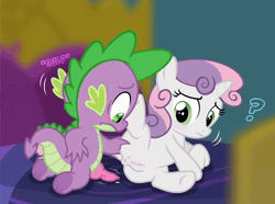 Size: 2000x1500 | Tagged: explicit, artist:goonmcboom, spike, sweetie belle, abdominal bulge, animated, anus, baby, baby dragon, baby dragon on filly, bed, bedroom eyes, blushing, clitoris, creampie, cum, cum on body, cumming, dragon, dragon on filly, dragon on filly action, dragon on pony action, duo, duo male and female, female, filly, foal, foalcon, g4, genitals, hands free, heart, heart eyes, horn, imported from derpibooru, indoors, interspecies, knot, knotted penis, knotting, leaking cum, leg glider position, lifting leg, lying down, male, moaning, motion lines, nervous, nervous sweat, no sound, nudity, on side, orgasm, penetration, penis, ponut, pony, reverse foalcon, sex, ship:spikebelle, shipping, shocked, shocked expression, show accurate, show accurate porn, simultaneous orgasm, speed lines, straight, text, twitching, twitching penis, unicorn, until they like it, vaginal, vaginal creampie, vulva, webm, wingding eyes, wingless spike, young