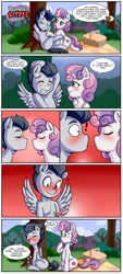 Size: 2361x5244 | Tagged: explicit, artist:anibaruthecat, button mash, sweetie belle, blushing, colt, comic, earth pony, emanata, embarrassed, erection, exclamation point, eyes closed, female, filly, foal, foalcon, g4, genitals, hiding erection, imminent kissing, imported from derpibooru, looking down, male, nudity, one eye closed, outdoors, pegasus, penis, plewds, rumble, semi-anthro, ship:rumbelle, shipping, sitting, speech bubble, straight, turning away