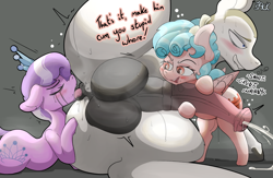Size: 2136x1389 | Tagged: explicit, artist:mackstack, diamond tiara, oc, oc:barrel nut, age difference, alternate version, anal, anal orgasm, analingus, analingus on male, aroused, balls, blue mane, blushing, commission, cozy glow, cozy glow is best facemaker, cum, deep rimming, dubious consent, earth pony, eyes closed, female, filly, foal, foalcon, forced, g4, genitals, group sex, hoofjob, imported from derpibooru, insult, jewelry, lip bite, makeup, male, nudity, oral, orgasm, pegasus, penetration, penis, pony, precum, running makeup, sex, shaved head, shaved mane, ship:cozynut, simple background, size difference, stallion, stallion on filly, straight, sweat, text, threesome, tiara, vaginal secretions