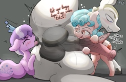 Size: 2136x1389 | Tagged: explicit, artist:mackstack, diamond tiara, oc, oc:barrel nut, age difference, anal insertion, analingus, analingus on male, aroused, balls, blue mane, blushing, commission, cozy glow, cozy glow is best facemaker, deep rimming, dubious consent, earth pony, eyes closed, female, filly, foal, foalcon, forced, g4, genitals, group sex, hoofjob, imported from derpibooru, insertion, insult, jewelry, lip bite, makeup, male, nudity, oral, pegasus, penis, pony, precum, running makeup, sex, shaved head, shaved mane, ship:cozynut, simple background, size difference, stallion, stallion on filly, straight, sweat, text, threesome, tiara, vaginal secretions