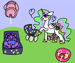 Size: 4240x3600 | Tagged: explicit, artist:paciblabber, princess celestia, twilight sparkle, 1000 hours in ms paint, alicorn, baby, baby pony, babycon, blushing, drool, female, filly, floppy ears, foal, foalcon, futa, futa princess celestia, g4, genitals, horn, imported from derpibooru, intersex, nudity, pacifier, pony, precum, stroller, unicorn, vulva