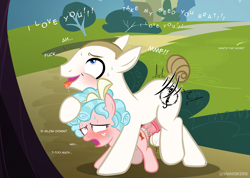 Size: 1681x1200 | Tagged: explicit, artist:vwhiskers, oc, oc:barrel nut, age difference, cozy glow, creampie, cum, dialogue, earth pony, exhibitionism, female, filly, foal, foalcon, g4, genitals, horsecock, imported from derpibooru, male, nudity, outdoor sex, outdoors, pegasus, penetration, penis, pony, pony on pony action, public sex, sex, ship:cozynut, show accurate, show accurate porn, size difference, slower, stallion, stallion on filly, straight, tail, tail bun, tongue out, vaginal
