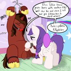 Size: 1400x1400 | Tagged: explicit, artist:di-fl, oc, oc:penpad, oc:snowie aura, age difference, ballgag, balls, bed, bedroom, blowjob, bondage, buffalo, cloven hooves, cuffs, dominant, female, femdom, filly, foal, foalcon, foaldom, gag, genitals, horn, hybrid, imported from derpibooru, indoors, infidelity, male, malesub, nudity, oral, penis, raised tail, reverse foalcon, sex, spreader bar, submissive, tail, trans female, transgender, unicorn, vulva