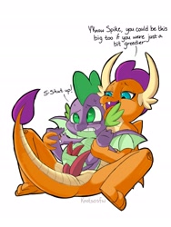 Size: 1668x2224 | Tagged: explicit, artist:supremoburrito, spike, anal, anus, bent spoon position, dialogue, dragon, eyelashes, foalcon, futa, futa on male, futa smolder, g4, genitals, hemipenis, imported from derpibooru, intersex, larger futa, male, multidick, no eyelashes, nudity, older futa, penetration, penis, penis size difference, reverse foalcon, rule 63, sex, ship:spolder, shipping, size difference, smaller male, smolder, smolder (male), young, younger male