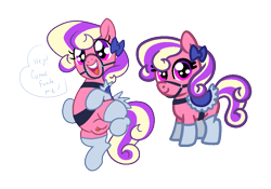 Size: 1000x700 | Tagged: explicit, artist:vodkamewtwoni, oc, oc:strawberry swirl, bow, bridle, choker, clitoris, clothes, earth pony, female, filly, filly oc, foal, foalcon, genitals, imported from derpibooru, looking at you, nudity, oc only, pony, presenting, presenting pussy, saddle, simple background, socks, solo, speech, speech bubble, spread legs, spreading, tack, talking, talking to viewer, transparent background, vulva