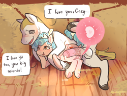 Size: 2160x1620 | Tagged: explicit, artist:goodnightsunnyy, oc, oc:barrel nut, age difference, an egg being attacked by sperm, anus, balls, barn, blue mane, blushing, cozy glow, cozybetes, cuddling, cum, cute, cute porn, duo, duo male and female, earth pony, egg cell, female, filly, foal, foalcon, g4, genitals, happy, happy sex, hay, hay bale, holding hooves, imported from derpibooru, impregnation, love, male, nudity, pegasus, penetration, penis, pony, raised leg, sex, shaved mane, ship:cozynut, speech bubble, spermatozoon, spooning, stallion, stallion on filly, straight, sweat, text, unshorn fetlocks, vaginal, vaginal secretions, vulva