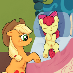 Size: 2882x2878 | Tagged: explicit, artist:uglypaws, apple bloom, applejack, anatomically correct, belly, belly button, earth pony, female, filly, foal, foalcon, g4, genitals, imported from derpibooru, indoors, no monologue, nudity, peeping, pony, sleeping, vulva