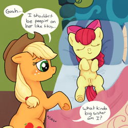 Size: 3004x3000 | Tagged: explicit, artist:uglypaws, apple bloom, applejack, anatomically correct, belly, belly button, earth pony, female, filly, foal, foalcon, g4, imported from derpibooru, indoors, masturbation, monologue, nudity, peeping, pony, sleeping, vulva