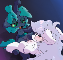 Size: 1297x1239 | Tagged: explicit, artist:zzzsleepy, oc, oc:billy (impamy), oc:chanter, blush sticker, blushing, changeling, crotchboobs, female, filly, foal, foalcon, forked tongue, ghost, ghost pony, gradient background, green eyes, holding hoof, imported from derpibooru, lesbian, lying down, nipples, nudity, nymph, oc only, on back, sex, sweat, tooth, tribadism, undead, vaginal secretions
