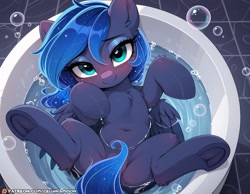 Size: 2074x1613 | Tagged: suggestive, editor:celuniamoon, princess luna, ai composition, ai content, alicorn, bath, belly, belly button, both cutie marks, cute, foal, foalcon, g4, imported from derpibooru, pony, spread legs, spreading, strategically covered, tail, tail censor, underhoof