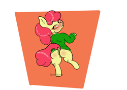 Size: 1754x1240 | Tagged: explicit, artist:bun_burst, apple bloom, anus, bloom butt, butt, clothes, earth pony, female, filly, foal, foalcon, g4, genitals, hoodie, imported from derpibooru, looking at you, looking back, nudity, partial nudity, ponut, pony, semi-anthro, solo, vulva
