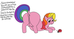 Size: 3999x2100 | Tagged: explicit, artist:sugar and spice productions, anus, ass up, butt, crotchboobs, distracted, dock, female, filly, foal, foalcon, g3, g3 to g4, g4, generation leap, genitals, horn, implied cheerilee (g3), imported from derpibooru, insect, ladybug, multicolored mane, multicolored tail, nipples, no iris, nudity, pink fur, plot, pony, rarity (g3), sex education, simple background, smiling, tail, talking, this will end in pregnancy, unicorn, vulva, white background