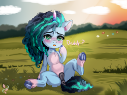 Size: 6700x5000 | Tagged: explicit, artist:blossom rain, anus, blushing, dark genitals, derpibooru exclusive, dock, female, filly, filly misty brightdawn, foal, foalcon, freckles, frog (hoof), g5, genitals, horn, imported from derpibooru, looking at you, misty brightdawn, nudity, outdoors, pony, presenting, solo, solo female, spread legs, spreading, tail, talking to viewer, text, underhoof, unicorn, unshorn fetlocks, vulva, younger