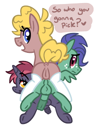 Size: 1100x1400 | Tagged: explicit, artist:vodkamewtwoni, oc, oc:evergreen, oc:peach pit, anus, clothes, colt, earth pony, earth pony oc, erection, female, filly, foal, foalcon, futa, futa filly, futa oc, genitals, horn, implied prostitution, imported from derpibooru, intersex, looking at you, looking back, looking back at you, male, nudity, oc only, offscreen character, pegasus, pegasus oc, penis, ponut, pony, pov, simple background, socks, speech, speech bubble, talking, talking to viewer, text, transparent background, unicorn, unicorn oc, unnamed oc, vulva