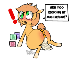 Size: 1448x1199 | Tagged: explicit, artist:alleymutt, artist:follyfilly, oc, oc:mango bliss, abc, aftersex, anus, baby talk, blank flank, blocks, blush lines, blushing, butt blush, coat markings, creampie, cross-eyed, cum, dock, earth pony, embarrassed, exclamation point, female, filly, foal, foalcon, genitals, imported from derpibooru, looking at you, nudity, oc only, open mouth, ponut, pony, socks (coat markings), solo, solo female, speech bubble, tail, talking to viewer, text, toy block, vaginal creampie, vulva