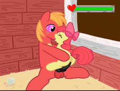 Size: 1428x1080 | Tagged: explicit, grimdark, artist:rayxbruh, apple bloom, age difference, anatomically correct, animated, anus, balls, big macintosh, brother and sister, butt, creampie, cum, earth pony, female, filly, foal, foalcon, french kiss, g4, genitals, heart, horsecock, hypno eyes, imported from derpibooru, incest, kissing, life bar, love poison, male, no sound, nudity, penetration, penis, plot, poisoned, ponut, pony, rape, sex, siblings, stallion, stallion on filly, straight, vaginal, vaginal creampie, vulva, webm
