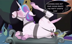 Size: 5530x3408 | Tagged: explicit, semi-grimdark, artist:blurrypanda, princess flurry heart, queen chrysalis, alicorn, alternate version, anal insertion, bleeding, blood, blushing, bondage, bridle, changeling, changeling queen, dialogue, female, filly, foal, foalcon, g4, genitals, hoers, horsecock, imminent rape, imminent sex, imported from derpibooru, indoors, insertion, male, nudity, offscreen character, offscreen male, pencil, penis, precum, scratches, speech bubble, spread pussy, spreading, tack, vagina, vulva