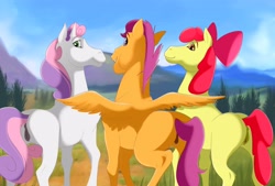 Size: 3774x2554 | Tagged: explicit, artist:blurrypanda, apple bloom, scootaloo, sweetie belle, anatomically correct, anus, apple bloom's bow, bow, butt, cutie mark crusaders, earth pony, female, filly, foal, foalcon, g4, hair bow, hoers, horn, imported from derpibooru, nudity, outdoors, pegasus, plot, ponut, pony, trio, unicorn, vulva