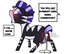 Size: 1448x1199 | Tagged: explicit, grimdark, artist:alleymutt, artist:follyfilly, oc, oc:ebony kiir, oc:lesson loom, abuse, afterrape, aftersex, anal creampie, anus, balls, bdsm, blushing, butt blush, chastity, chastity cage, colt, creampie, crying, cum, dock, foal, foal abuse, foalcon, genitals, implied rape, imported from derpibooru, male, male on male rape, mohawk, nudity, oc only, offscreen character, open mouth, punishment, rape, rape as punishment, sex, short tail, speech bubble, stripes, tail, text, tongue out, zebra, zebra oc