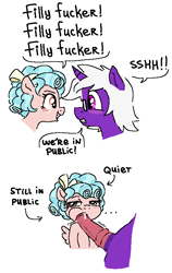 Size: 525x833 | Tagged: explicit, artist:myra, oc, oc:violet jest, 2 panel comic, age difference, blowjob, blushing, canon x oc, comic, cozy glow, cozy glow is best facemaker, cozy glow is not amused, cum, cum in mouth, dialogue, duo, female, filly, foal, foalcon, g4, genitals, glasses, horn, imported from derpibooru, male, nudity, oral, pegasus, penis, pony, sex, ship:cozyjest, shipping, stallion, stallion on filly, straight, surprise oral, surprise sex, text, unamused, unicorn, unicorn oc