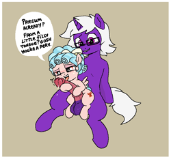 Size: 872x812 | Tagged: explicit, artist:myra, oc, oc:violet jest, age difference, balls, blushing, canon x oc, commission, cozy glow, cozy glow is best facemaker, dialogue, duo, female, filly, filly on stallion, foal, foalcon, foaldom, g4, genitals, glasses, horn, imported from derpibooru, licking, licking cock, lip bite, male, nudity, oral, pegasus, penis, pony, precum, sex, ship:cozyjest, shipping, stallion, straddling, straight, tongue out, unicorn, unicorn oc