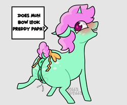 Size: 1448x1199 | Tagged: explicit, artist:alleymutt, artist:follyfilly, oc, oc:puppychow, anus, blushing, bow, bow strings, braces, butt freckles, clitoris, dock, father and child, father and daughter, female, filly, foal, foalcon, freckles, horn, imported from derpibooru, leaking, looking back, male, nudity, oc only, offscreen character, raised leg, short tail, solo, solo female, speech bubble, tail, tail bow, text, unicorn, vulva, vulvar winking, wet