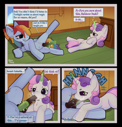 Size: 2464x2568 | Tagged: explicit, artist:eepy donkey, rainbow dash, sweetie belle, anatomically correct, announcing ejaculation, balls, belly, belly button, blowjob, comic, creampie, cum, cum in mouth, dark genitals, duo, duo female and futa, erection, female, filly, foal, foalcon, futa, futa on female, futa on filly, futa rainbow dash, g4, genitals, horn, horsecock, imported from derpibooru, indoors, intersex, magic, magical stimulation, medial ring, nudity, oral, oral creampie, pegasus, penis, pony, sex, ship:sweetiedash, shipping, speech bubble, tongue out, unicorn, vulva