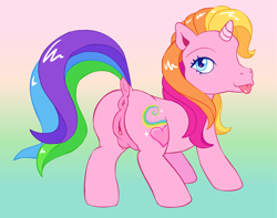 Size: 1144x900 | Tagged: explicit, artist:stinkek, anatomically correct, anus, butt, clitoris, crotchboobs, dock, female, filly, foal, foalcon, g3, genitals, gradient background, heart, heart eyes, horn, imported from derpibooru, looking at you, nipples, nudity, plot, ponut, pony, raised tail, rarity (g3), rear view, smiling, solo, solo female, tail, teasing, tongue out, unicorn, vulva, vulvar winking, wingding eyes