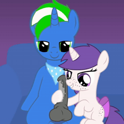 Size: 1080x1080 | Tagged: explicit, artist:cloppy hooves, oc, oc:snowie aura, oc:steel spark, age difference, animated, balls, bandana, blank flank, bow, couch, cum, cumming, facial, female, filly, filly on stallion, foal, foalcon, freckles, genitals, hoofjob, horn, horsecock, imported from derpibooru, indoors, male, neckerchief, nudity, oc only, orgasm, penis, pony, sound, stallion, straight, tail, tail bow, unicorn, webm