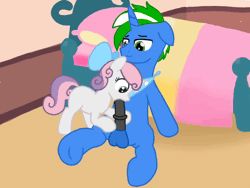 Size: 1440x1080 | Tagged: explicit, artist:rayxbruh, sweetie belle, oc, oc:steel spark, animated, balls, blowjob, bow, canon x oc, creampie, cum, cum in mouth, cumming, female, filly, foal, foalcon, g4, genitals, gif, hair bow, horn, horsecock, imported from derpibooru, indoors, male, nudity, oral, oral creampie, orgasm, penis, pony, sex, shipping, stallion, straight, unicorn
