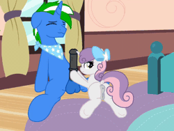 Size: 960x720 | Tagged: explicit, artist:rayxbruh, sweetie belle, oc, oc:steel spark, animated, anus, balls, bow, female, filly, foal, foalcon, g4, genitals, gif, hair bow, hoofjob, horn, horsecock, imported from derpibooru, indoors, male, nudity, orgasm, penis, ponut, pony, stallion, unicorn, vulva