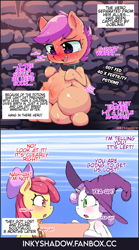 Size: 1724x3091 | Tagged: explicit, artist:inkyshadow, apple bloom, scootaloo, sweetie belle, 2 panel comic, blushing, comic, crotchboobs, cutie mark crusaders, earth pony, foal, foalcon, g4, horn, imported from derpibooru, nipples, nudity, pegasus, pony, pregnant, pregnant foal, pregnant scootaloo, rapid pregnancy, scootasub, text, unicorn