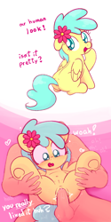 Size: 650x1300 | Tagged: explicit, artist:algoatall, artist:violavaquita, anatomically correct, belly, belly button, blushing, blushing profusely, clitoris, crotchboobs, cute, cute porn, delicious flat crotch, dialogue, female, female focus, filly, floating heart, flower, flower in hair, foal, foalcon, g4, genitals, heart, heart clitoris, heart eyes, holding a pony, human, human male, human male on filly, human on pony action, imported from derpibooru, instant loss, instant loss 2koma, interspecies, looking back, male, moaning, motion lines, nipples, nudity, open mouth, panting, pegasus, penetration, pony, rainy feather, sex, sitting, spread legs, spread wings, spreading, straight, teary eyes, teats, text, underage, underhoof, vaginal, vaginal secretions, vulva, watching it go in, wingding eyes, wings