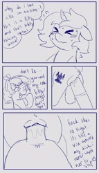 Size: 2000x3500 | Tagged: explicit, artist:madkingkara, oc, oc:lucky elfin, 4 panel comic, age difference, anus, blush lines, blushing, butt, canon x oc, comic, cozy glow, dialogue, dock, duo, duo male and female, emanata, erection, eyes closed, female, filly, floppy ears, foal, foalcon, foaldom, g4, genitals, grayscale, horn, horsecock, imported from derpibooru, male, medial ring, monochrome, nervous, nervous sweat, nudity, pegasus, penetration, penis, plewds, plot, ponut, pony, raised tail, sex, shipping, sitting on penis, sketch, smiling, stallion, straight, sweat, sweatdrops, tail, teasing, temptation, thought bubble, unicorn, vaginal, vaginal secretions, vulva, wavy mouth