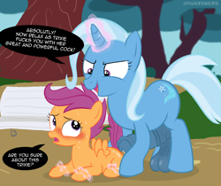 Size: 1212x1020 | Tagged: explicit, semi-grimdark, artist:vwhiskers, scootaloo, bench, blushing, bondage, butt, dialogue, dubious consent, exhibitionism, foalcon, futa, futa trixie, g4, genitals, glowing, glowing horn, held down, horn, horsecock, imminent foalcon, imminent penetration, imminent rape, imminent sex, imported from derpibooru, intersex, magic, magical bondage, my little pony: friendship is magic, nudity, outdoors, park bench, pegasus, penis, pony, public sex, road, sex, show accurate, show accurate porn, speech bubble, sweat, sweatdrop, text, tree, trixie, unicorn