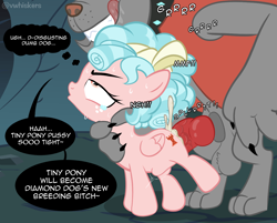 Size: 1278x1030 | Tagged: explicit, semi-grimdark, artist:vwhiskers, abdominal bulge, balls, canine penis, cave, cozy glow, creampie, crying, cum, dialogue, diamond dog, diamond dog on filly action, diamond dog on pony action, female, filly, foal, foalcon, forced, g4, genitals, implied breeding, imported from derpibooru, indoors, interspecies, knot, male on filly, my little pony: friendship is magic, nudity, onomatopoeia, pegasus, penetration, penis, pony, rape, rover, sex, show accurate, show accurate porn, speech bubble, text, thinking bubble, vaginal, vaginal creampie, younger