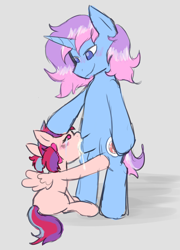 Size: 1800x2500 | Tagged: explicit, artist:madkingkara, oc, oc:lucky elfin, oc:nilla sweets, age difference, balls, bipedal, blowjob, blushing, bow, creampie, crying, cum, cum in mouth, dubious consent, duo, duo male and female, female, filly, foal, foalcon, genitals, gray background, hair bow, hoof on head, horn, imported from derpibooru, looking down, male, nudity, oc only, oc x oc, oral, oral creampie, pegasus, penis, pony, sex, shipping, simple background, sitting, smiling, spread wings, stallion, straight, tail, unicorn, wings