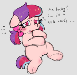 Size: 1950x1900 | Tagged: explicit, artist:madkingkara, oc, oc:nilla sweets, blushing, dialogue, emanata, female, filly, floppy ears, foal, foalcon, gray background, human vulva, human vulva on pony, implied oc, imported from derpibooru, nervous, nervous sweat, nudity, oc only, open mouth, pegasus, plewds, pony, scared, simple background, solo, solo female, tail, underhoof, vulva